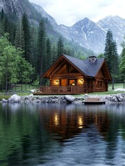 Fototapeta premium Mountain Lake Log Cabin Retreat - Secluded log cabin nestled beside a serene mountain lake, surrounded by lush forests and majestic peaks. Perfect for a tranquil getaway