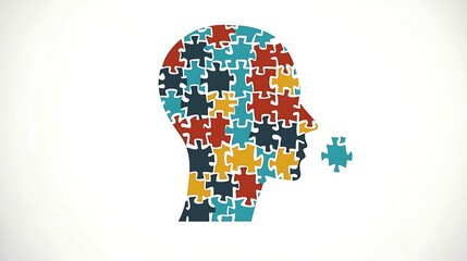 A head silhouette composed of diverse puzzle pieces, with one piece detached from the mouth