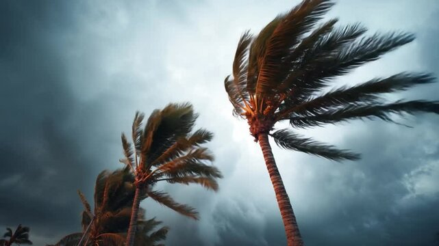 Stormy Palms: An evocative image of two palm trees battling against the ferocious winds of a tempestuous storm, capturing the raw power of nature in motion.