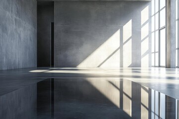 Obraz premium Empty Room, Concrete Walls, Sunlight, Windows, Reflections, Minimalist Architecture, Interior Design, Modern Space, Empty Space, Shiny Floor