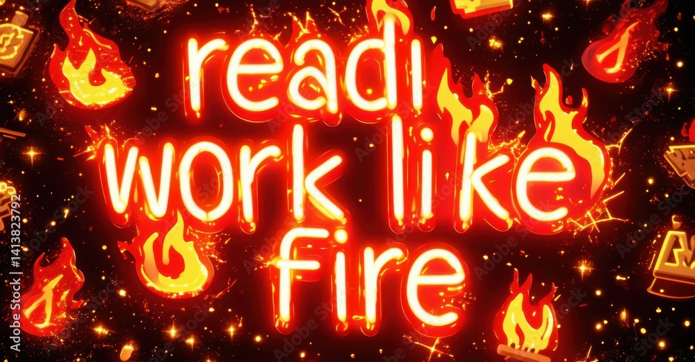 Poster bright neon text displays motivation. words ready work like fire shine against red background with f