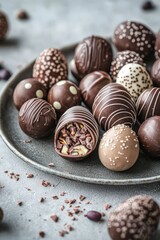 A variety of chocolate Easter eggs with different fillings sit on a plate. People choose their favorite flavor and take a bite. The mood is light-hearted and tasty