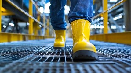 Industrial worker walking on metal walkway.  Safety yellow boots on steel grating