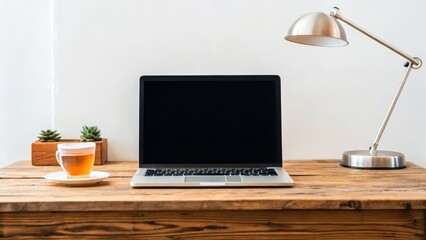 Minimalist workspace with a laptop, lamp, and tea on a wooden desk., Sustainable Furniture concept