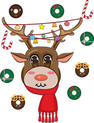 Cartoon Reindeer Face With Donuts and Candy Christmas Vector
