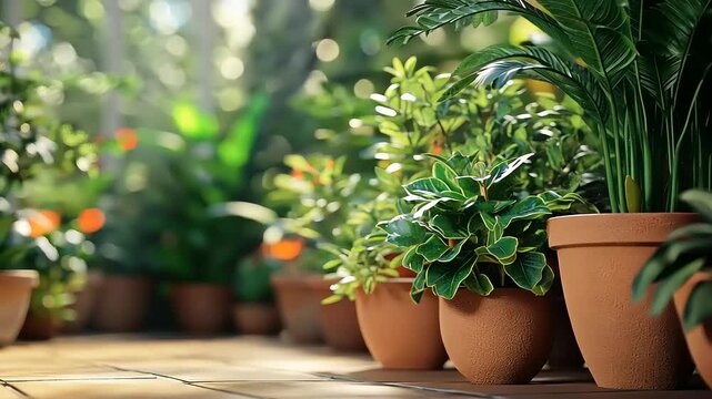 Lush green plants in terracotta pots arranged beautifully in a vibrant indoor garden setting