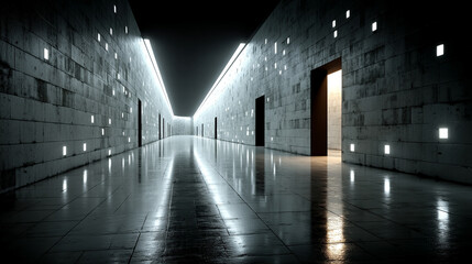 Futuristic white glow tech tunnel with digital code patterns on walls and floor symbolizes digital transformation innovation and data flow modern matrix design with deep glowing perspective

