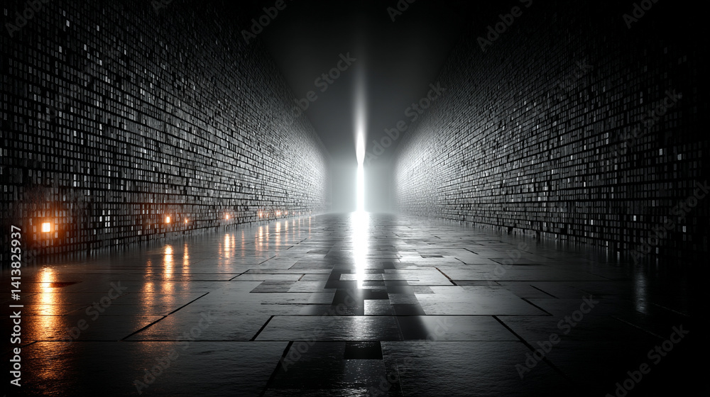 Poster futuristic white glow tech tunnel with digital code patterns on walls and floor symbolizes digital t