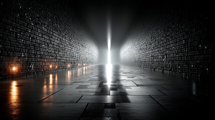 Futuristic white glow tech tunnel with digital code patterns on walls and floor symbolizes digital transformation innovation and data flow modern matrix design with deep glowing perspective

