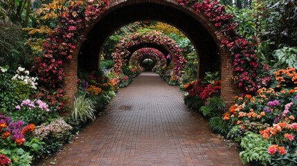 Fototapeta premium Picturesque garden pathway autumn colors lush foliage archway nature landscape