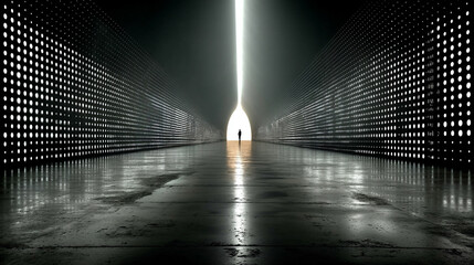 Futuristic white glow tech tunnel with digital code patterns on walls and floor symbolizes digital transformation innovation and data flow modern matrix design with deep glowing perspective

