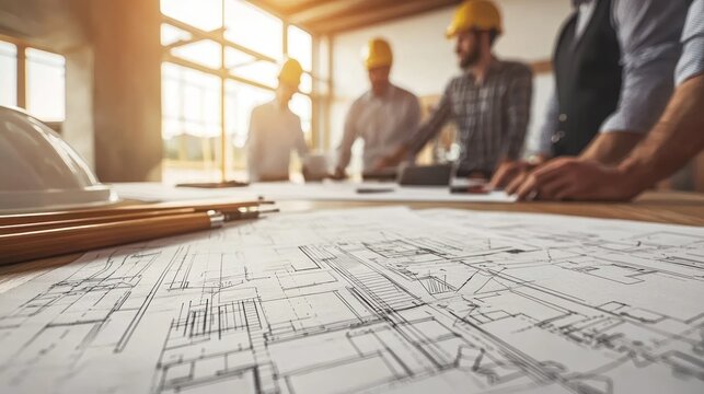 A team discussing business renovation plans in a conference room with sketches.
