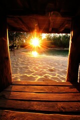 Sunrise through wooden structure on beach