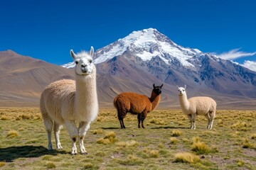 Fototapeta premium A group of llamas grazing in the high-altitude plains of Bolivia, with snow-capped peaks in the background