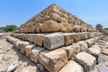 A highly detailed close-up of an ancient pyramid&acirc;&euro;&trade;s stonework, showing centuries of weathering