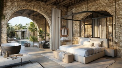 Luxurious bedroom suite with outdoor pool views