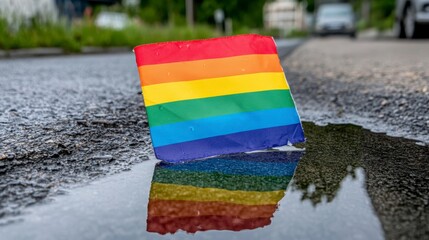 Pride Flag Reflection on Wet Road Surface After Rainy Day