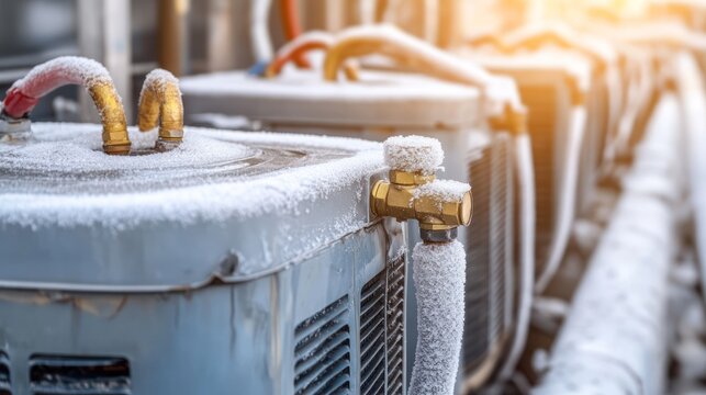 Frozen HVAC units, outdoor winter frost, building background, repair needed