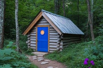 A magical log cabin that appears only during a full moon, glowing softly under the silver light