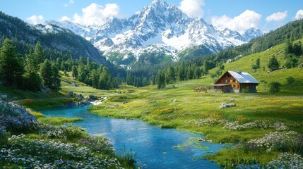 Serene mountain valley river landscape photography peaceful nature scene rustic cabin