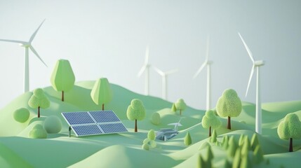 A green and clean energy landscape with solar panels, wind turbines, and trees.