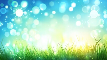 Obraz premium a mesmerizing background featuring vibrant green grass under a bright blue sky adorned with shimmering light effects, creating a dreamy and inviting atmosphere with a blend of nature and fantasy