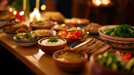 A beautifully arranged table filled with various delicious dishes, showcasing a festive gathering atmosphere
