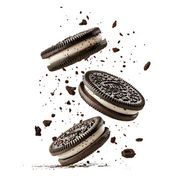 flying Oreo cookies with crumbs isolated on transparent white background, clipping path