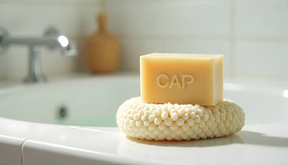 Handmade Soap Bar with Text 'CAP' in Bathroom.

