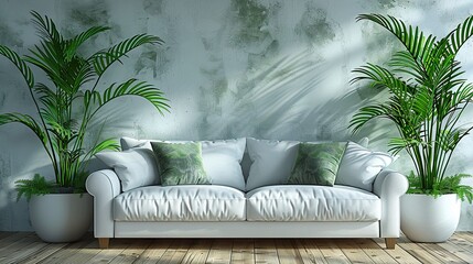 A 3D-rendered modern interior with a mock-up wall serves as background 