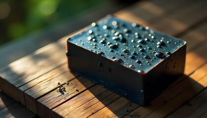 Black Charcoal Soap with Seeds on Wooden Surface.

