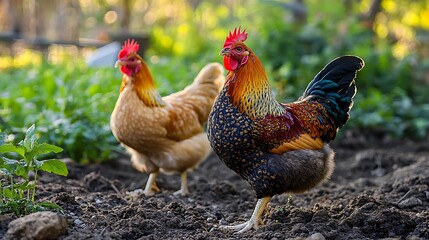 Fototapeta premium Chicken and Rooster Walking Freely on Dirt Ground in Sunny Garden