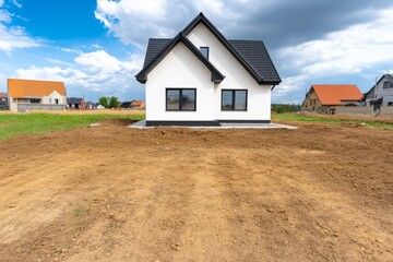 A newly built semi-detached house with a modern black-and-white facade, standing in a developing residential area