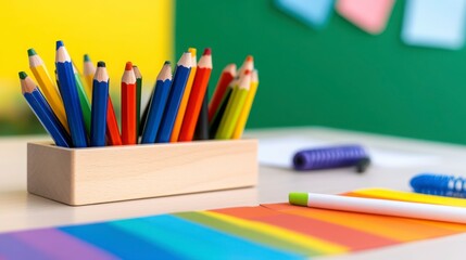 Fototapeta premium Vibrant Collection of Colored Pencils on a Classroom Desk Surface