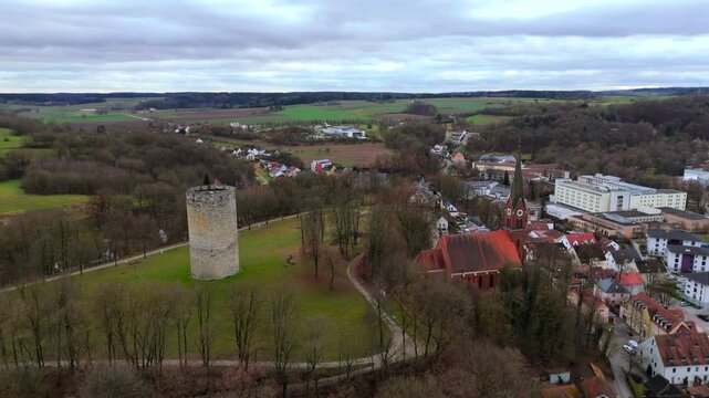 Aerial view of Heinrichsturm in Bad Abbach, Bavaria, Germany. This medieval tower surrounded by scenic Bavarian hills, Danube River and countryside, offers breathtaking views and historical heritage. 
