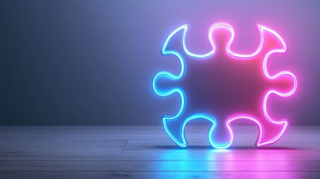 Neon Puzzle Piece Against a Soft Glow Background for Fusion Concept
