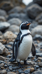 Naklejka premium Elegant Penguin Stands Amidst Grey Rocks Soft Light. AI Generated