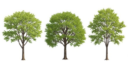 Obraz premium Three Trees Isolated on White Showing Detailed Green Leaves and Branches