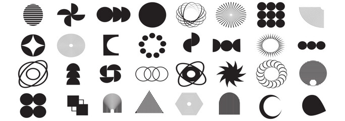 Vector set of Brutalist Geometric shapes. Trendy abstract minimalist figures, stars, flowers, circles and variety. Modern abstract graphic design elements. Vector illustration. Swiss design Aesthetic.