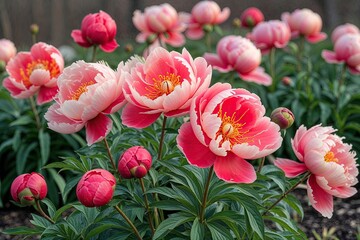 Fototapeta premium Vibrant Coral Peony Flowers Blooming in Early Spring Thaw
