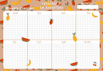 Weekly planner template with illustrations of bananas, strawberries, and lemons on a plain brown background. Cute fruit illustrations for a weekly activity schedule