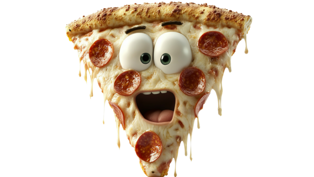 Png of A playful cartoon pizza slice with eyes and a big smile, featuring pepperoni and dripping cheese.