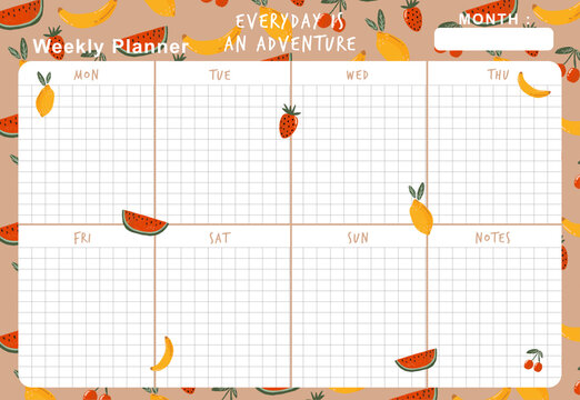 Weekly planner template with illustrations of bananas, strawberries, and lemons on a plain brown background. Cute fruit illustrations for a weekly activity schedule