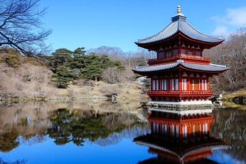 Naklejka premium A samurai fortress in Japan, its wooden pagoda-style towers reflecting in a peaceful moat