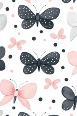 Delicate butterfly pattern with pastel pink and dark gray butterflies on a white background