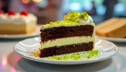Chocolate Layer Cake with Pistachio Topping.
