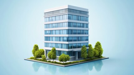 Modern office building model, city park, blue backdrop, architectural rendering, real estate