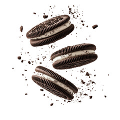flying Oreo cookies with crumbs isolated on transparent white background, clipping path