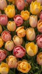 Obraz premium Softly lit pastel tulips densely arranged showcasing a cheerful spring aesthetic. AI Generated