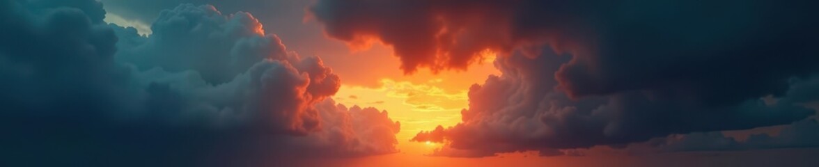 Obraz premium Dark storm clouds, vibrant sunburst breaking through, dark, intense